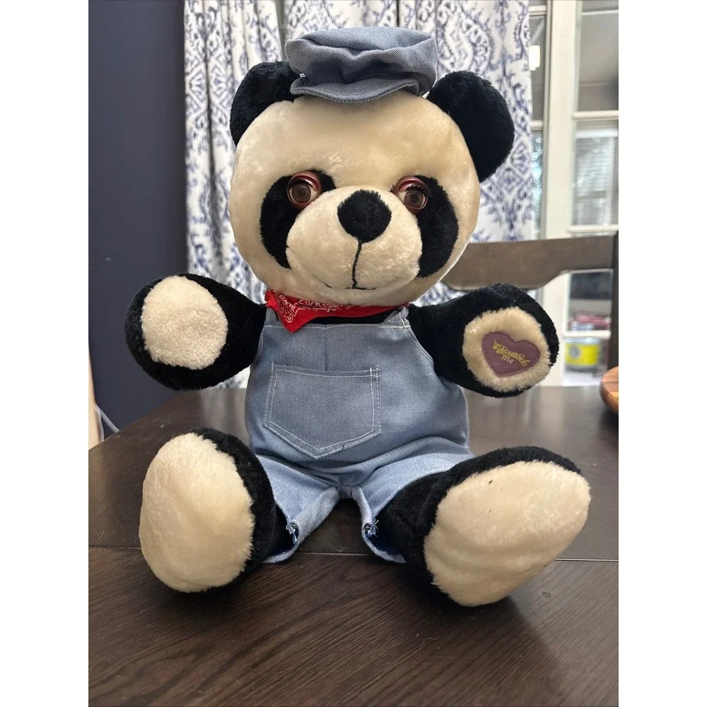 Vintage‎ Musical Panda Plush Bear in Denim Overalls Engineer Hat & Bandana 21